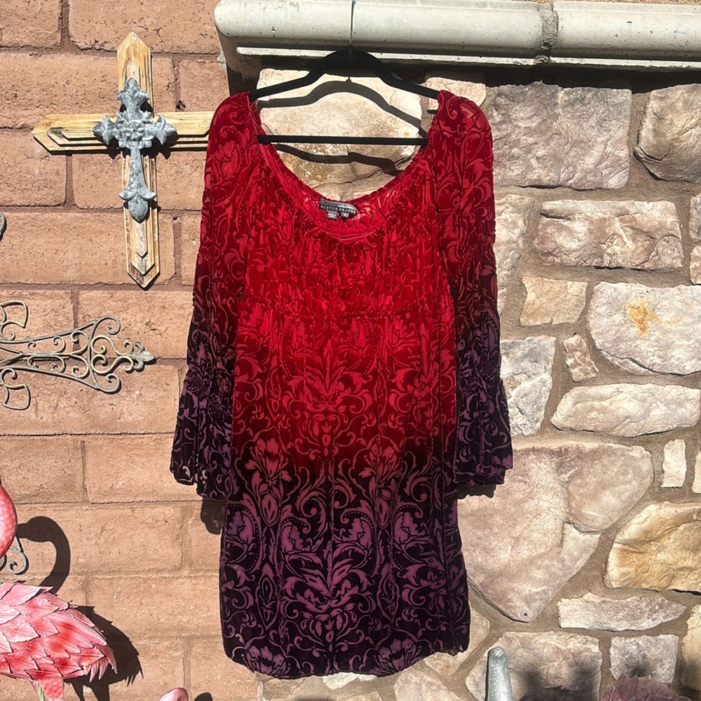 Boston Proper Dress Velvet Silk Peasant Ombré Red Long Sleeve Sz 8 Boho
